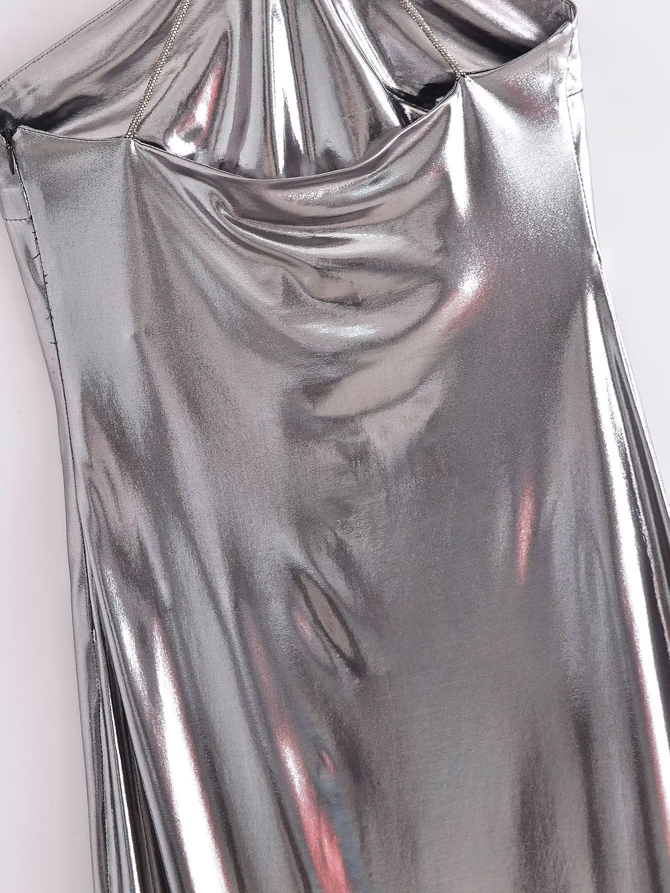 Metallic Coated Fabric Cold Shoulder Sleeveless Dress with Bright Metal Hanging Collar