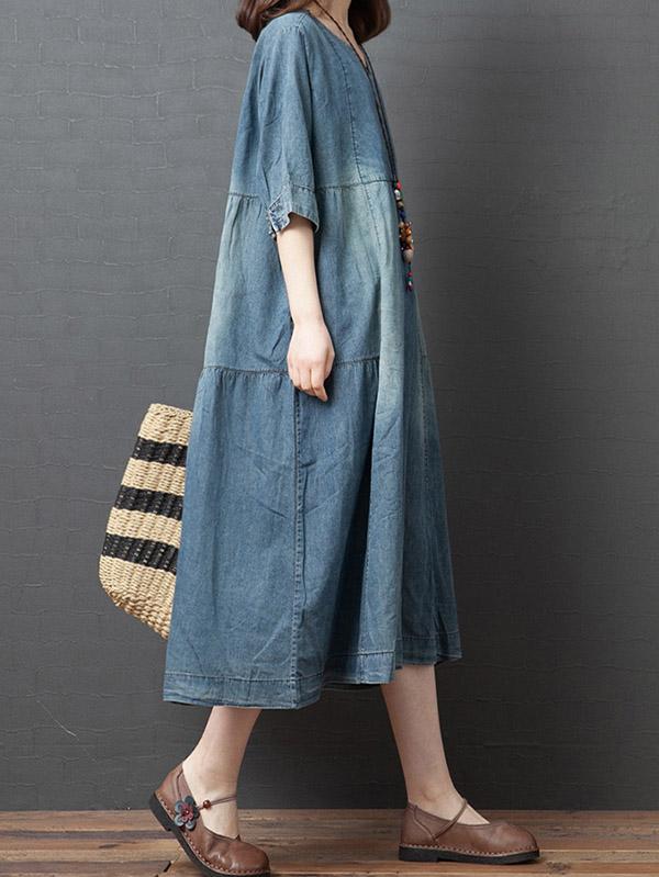 Plus Size Loose V-Neck Denim Midi Dress