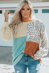 Contrast Color Top Women Spring Autumn Leopard Print round Neck Long Sleeve Sweater Women