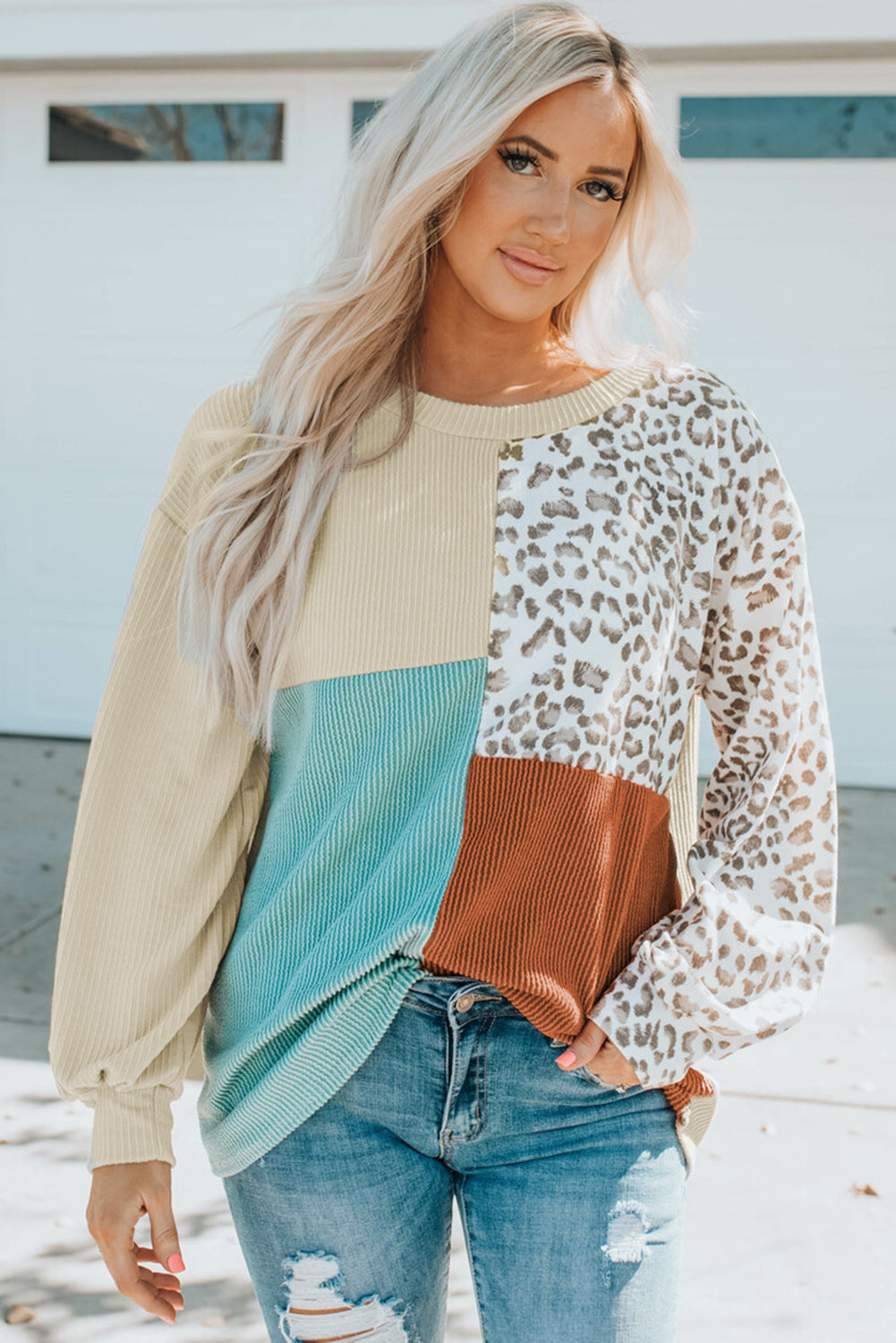 Contrast Color Top Women Spring Autumn Leopard Print round Neck Long Sleeve Sweater Women