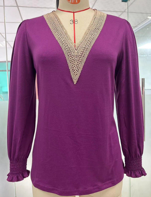 Autumn Winter Solid Color V neck Lace Stitching Loose Long Sleeved T shirt Top