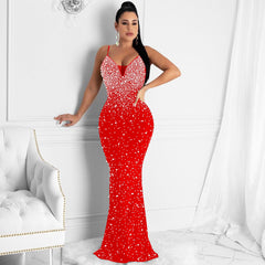 Women Wear Drilling Nightclub Sexy Spaghetti Straps Sleeveless Maxi Dress