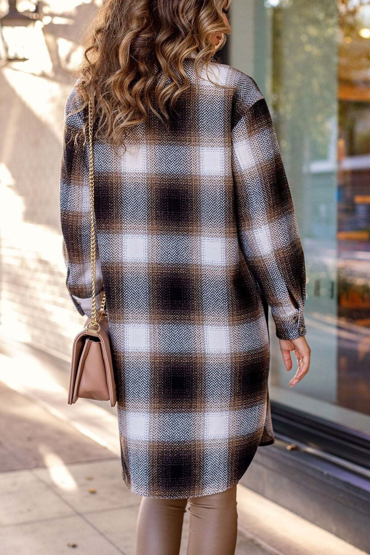 Ladies Square Plaid Wool Mid Length Coat with Double Sided Bag and Turn Down Collar