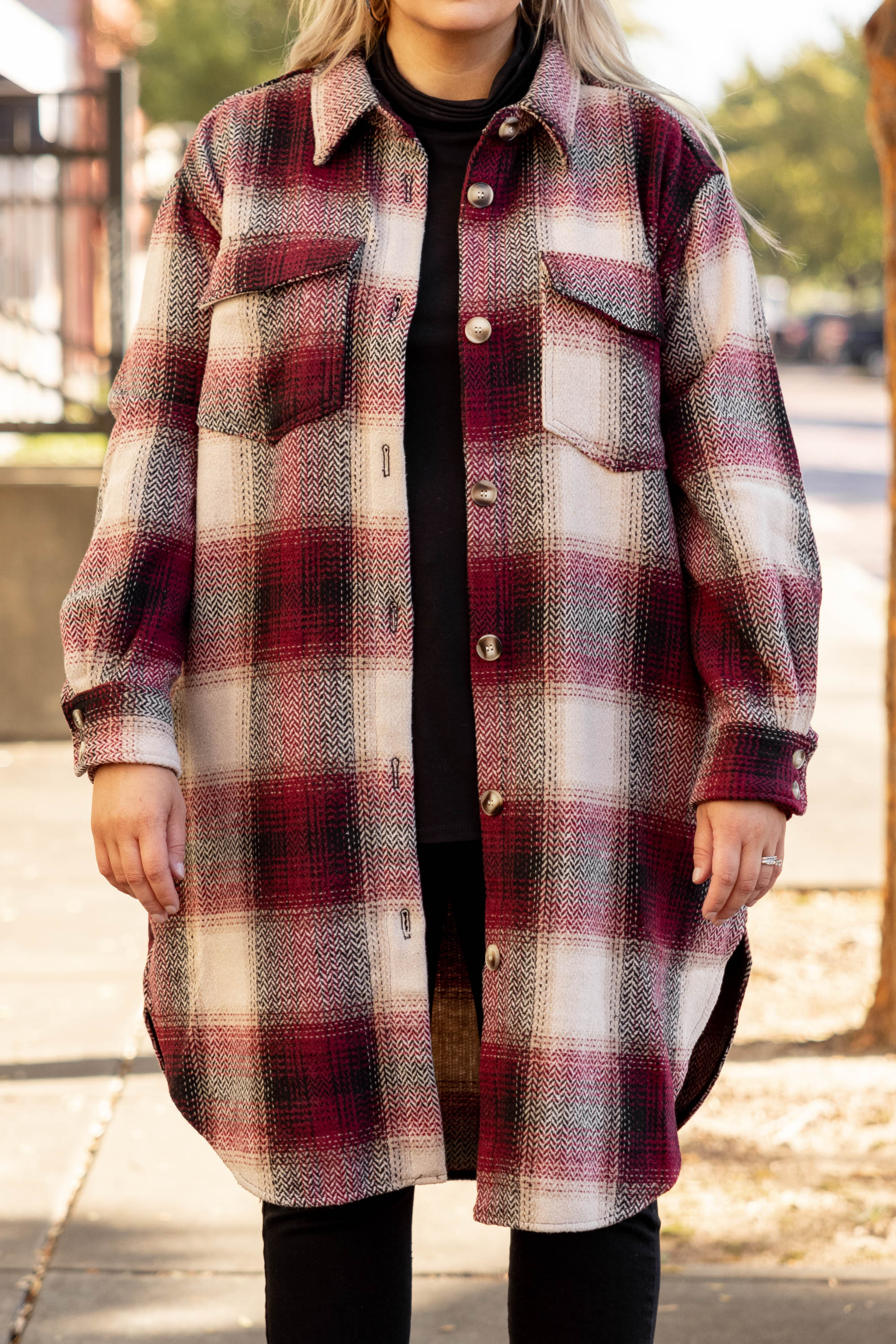 Ladies Square Plaid Wool Mid Length Coat with Double Sided Bag and Turn Down Collar