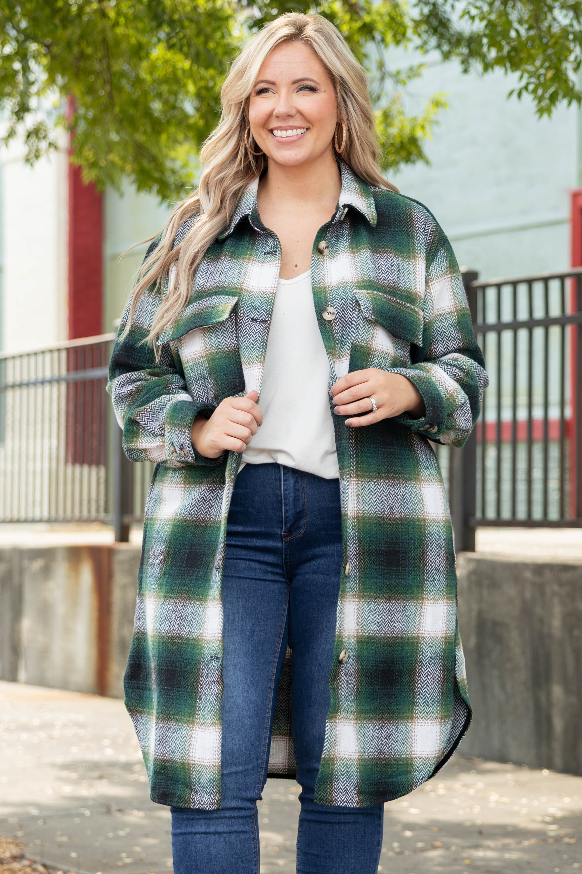 Ladies Square Plaid Wool Mid Length Coat with Double Sided Bag and Turn Down Collar