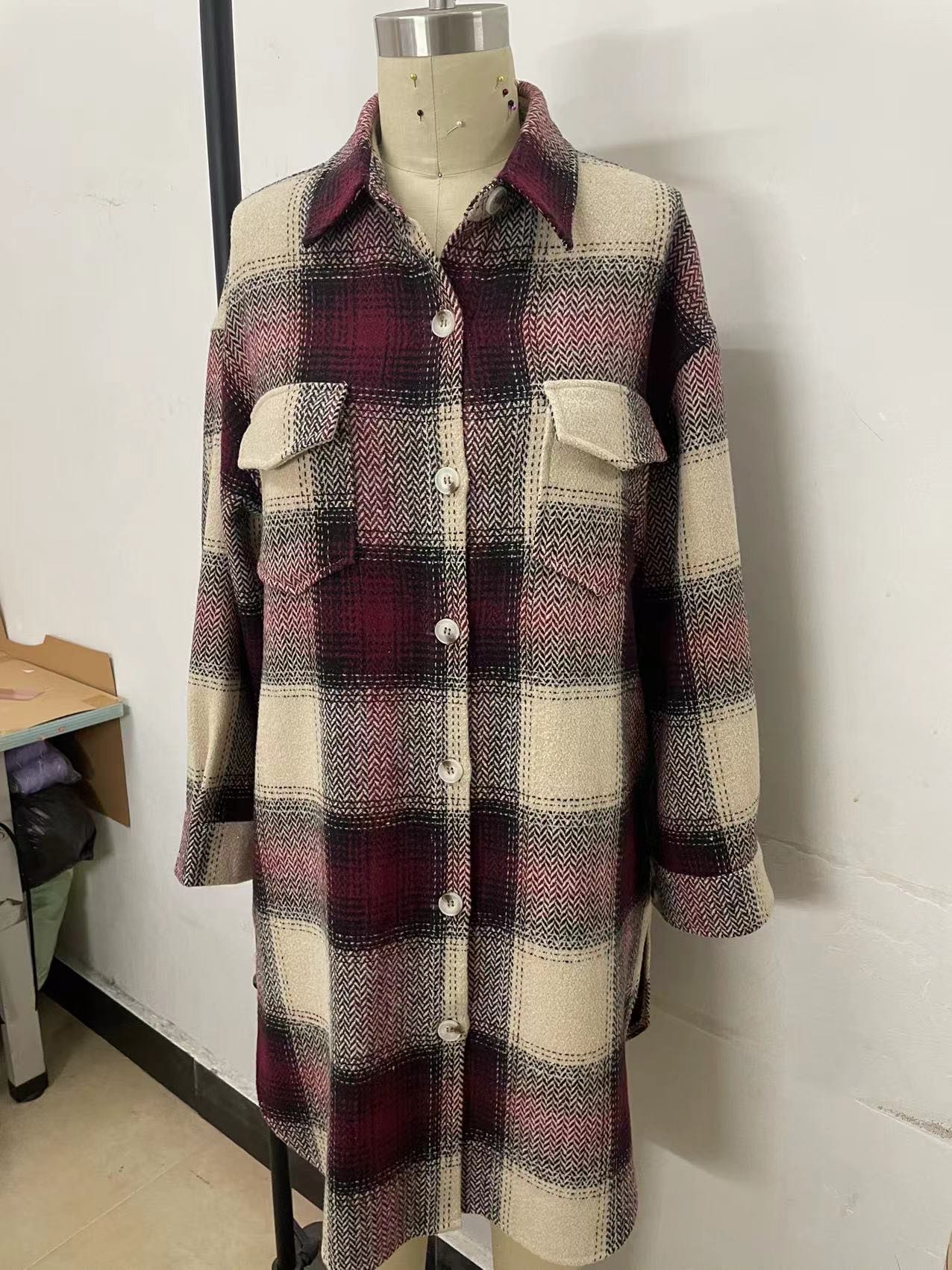 Ladies Square Plaid Wool Mid Length Coat with Double Sided Bag and Turn Down Collar