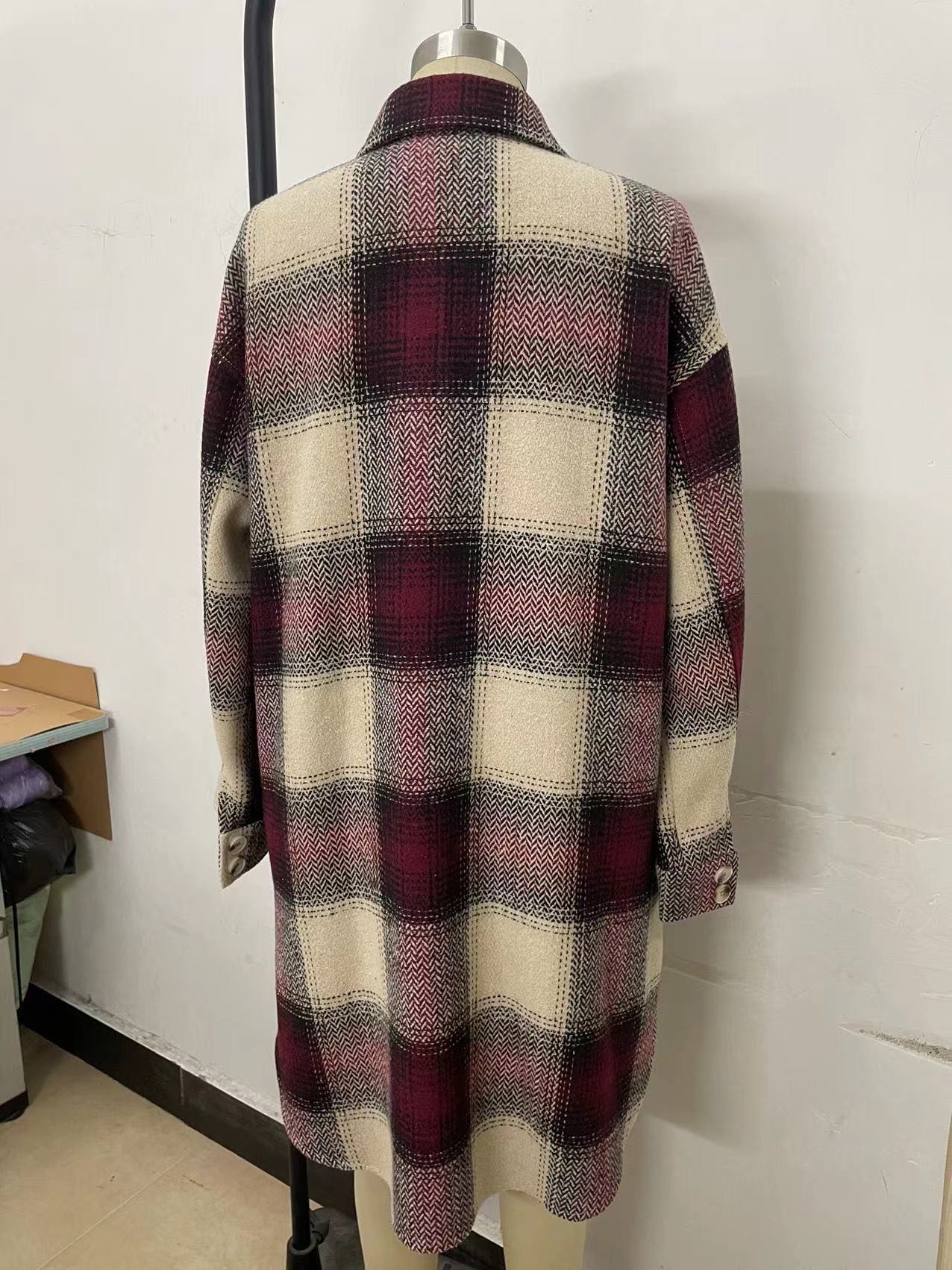 Ladies Square Plaid Wool Mid Length Coat with Double Sided Bag and Turn Down Collar