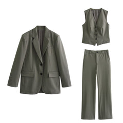 Autumn Women’s Button Suit Coat Vest Pants Set – Stylish Fall Outfit