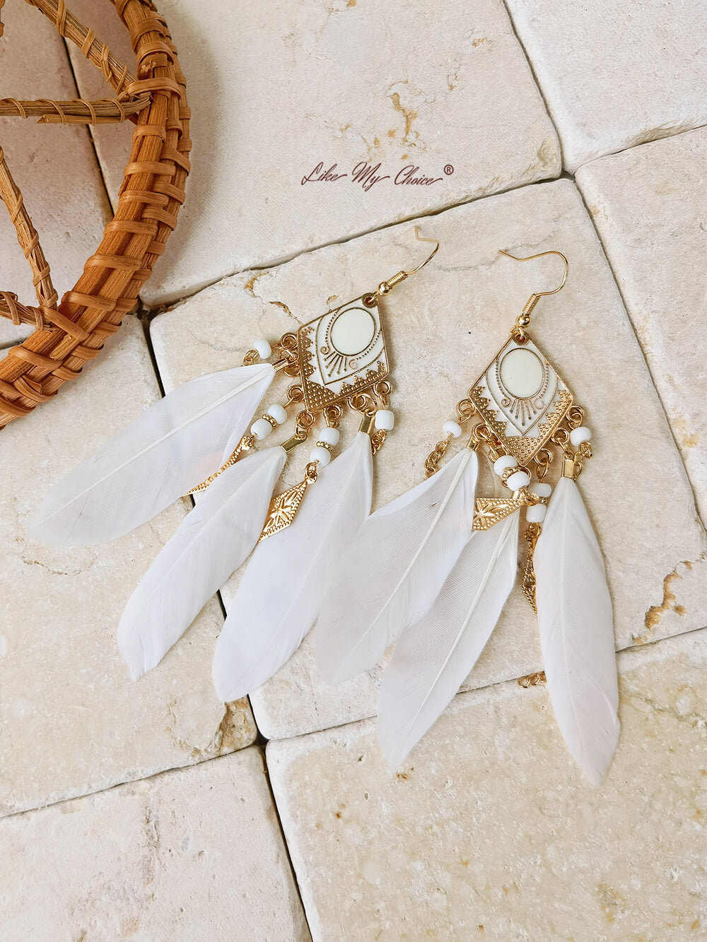 Boho Rhombus Beaded Feather Tassel Long Dangle Earrings