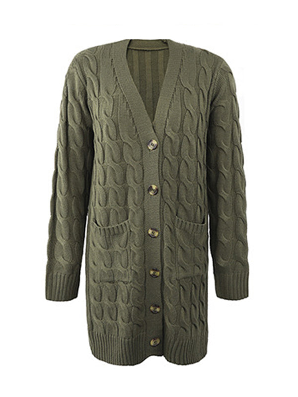 Urban Simple Loose Buttoned Solid Color Jacquard Cardigan Coat