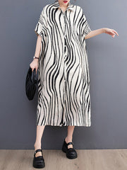 Raglan Sleeve Oversize Zebra-Stripe Split-Joint Lapel Midi Dresses Shirt Dress