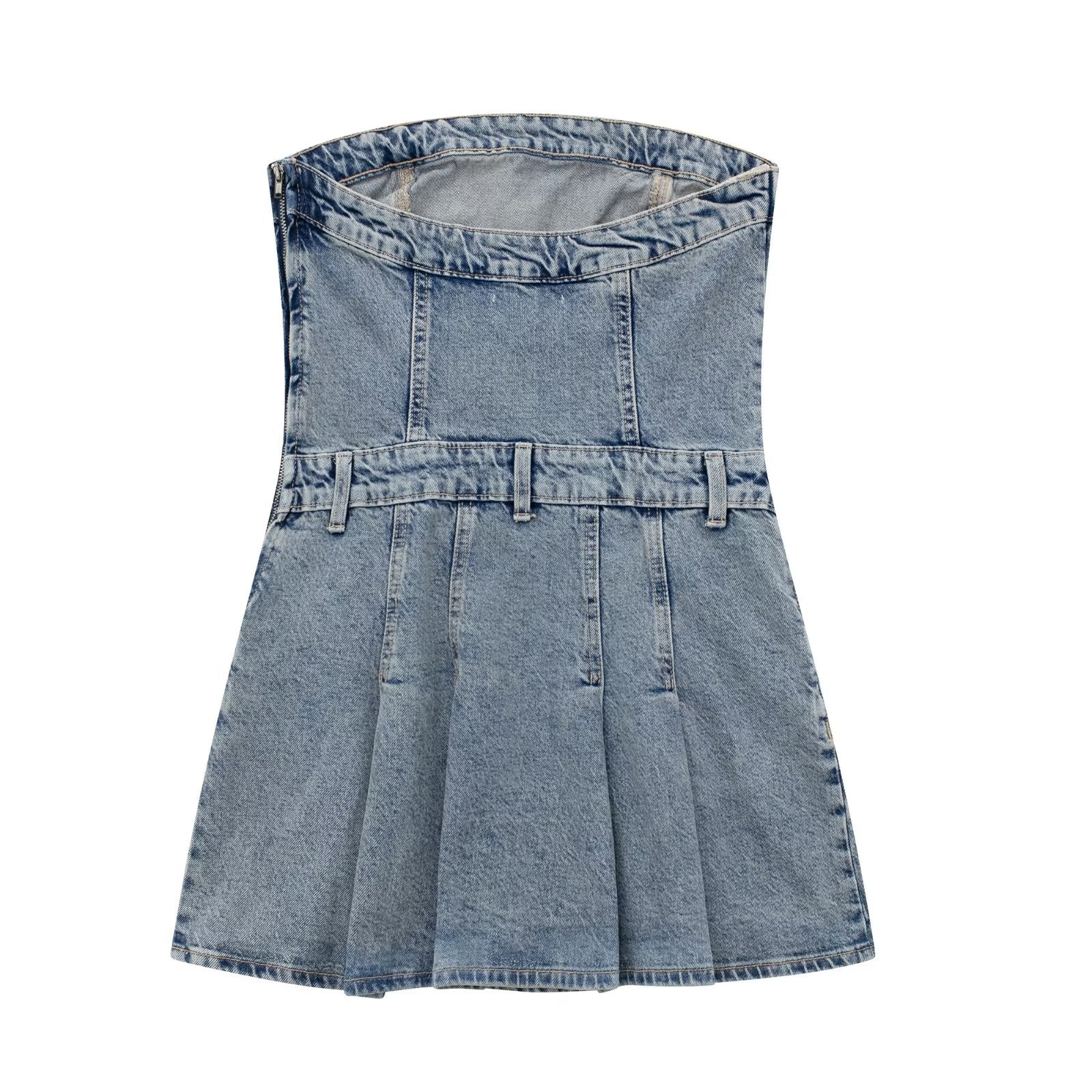 Summer Women Clothing Sexy Bandeau Pleated Denim Dress