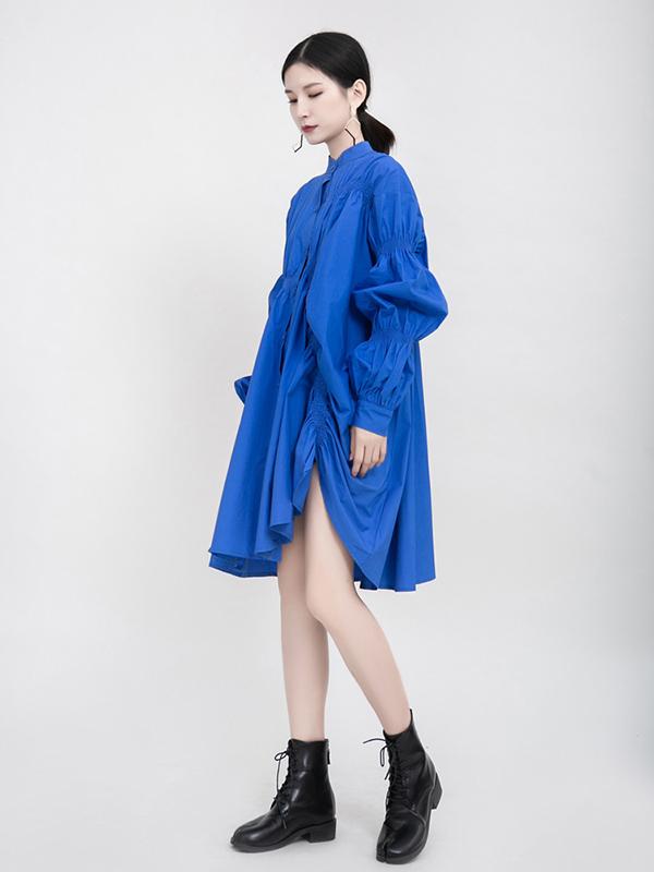 Blue Loose Pleated Cropped Blouse Dress