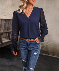 Autumn Top Long Sleeve V neck Solid Color Shirt Women