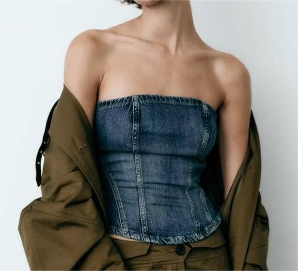 Summer Women Clothing off Neck Back Zipper Corset Denim Top