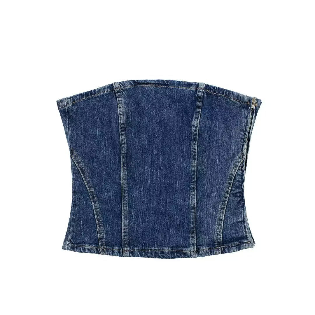 Summer Women Clothing off Neck Back Zipper Corset Denim Top