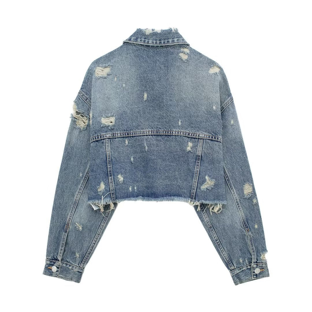 Women Clothing Casual Long Sleeve Short Denim Jacket Clip Set