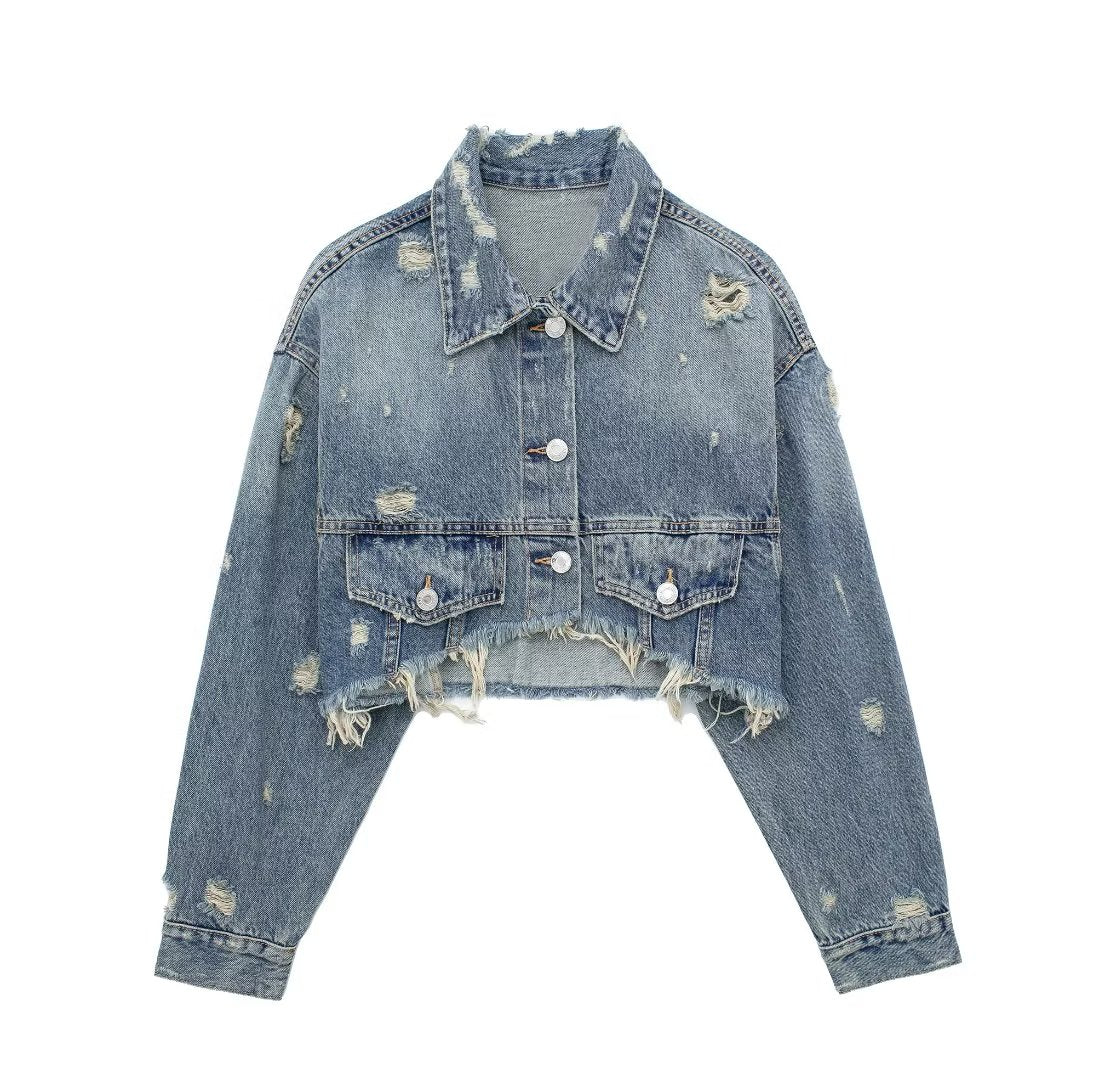 Women Clothing Casual Long Sleeve Short Denim Jacket Clip Set