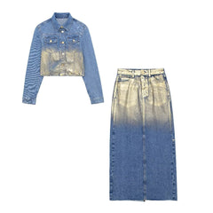 Women Metal Short Denim Jacket Coat Casual High Waist Denim Skirt Set