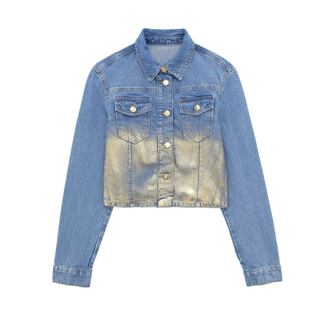 Women Metal Short Denim Jacket Coat Casual High Waist Denim Skirt Set