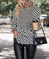 Autumn Striped Blouse: Black & White Smocking Slim Fit Ruffled Top