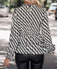 Autumn Striped Blouse: Black & White Smocking Slim Fit Ruffled Top