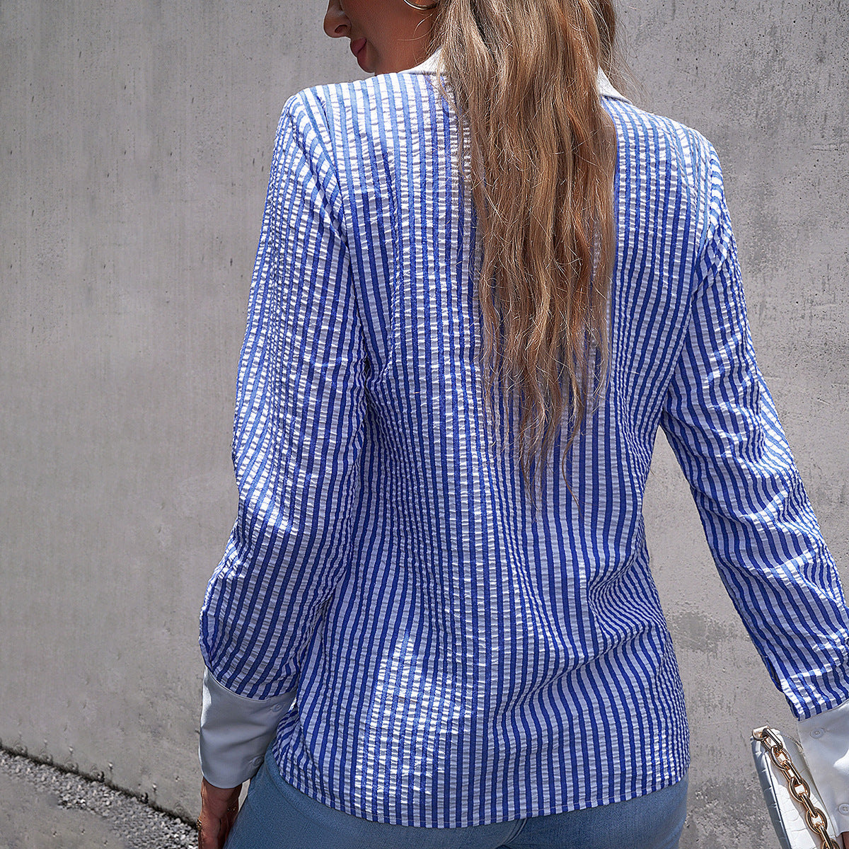 Women Clothing Shirt Autumn Winter Office Striped Long Sleeved Top