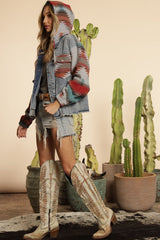 Western Ethnic Aztec Woolen Patchwork Denim Hooded Jacket Old