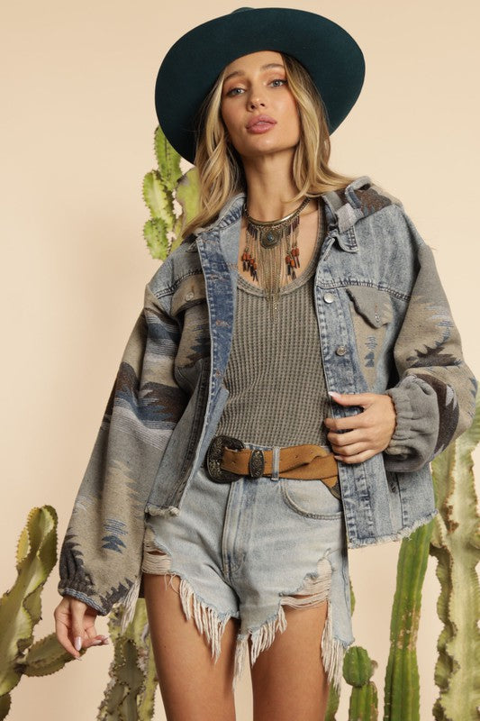 Western Ethnic Aztec Woolen Patchwork Denim Hooded Jacket Old