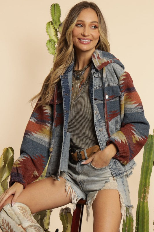 Western Ethnic Aztec Woolen Patchwork Denim Hooded Jacket Old