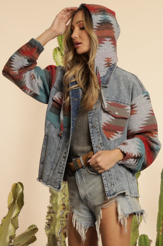 Western Ethnic Aztec Woolen Patchwork Denim Hooded Jacket Old