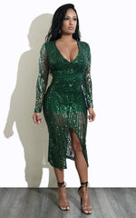 Sexy Deep V Plunge Plunge Split Sequin Long Sleeve Dress Nightclub