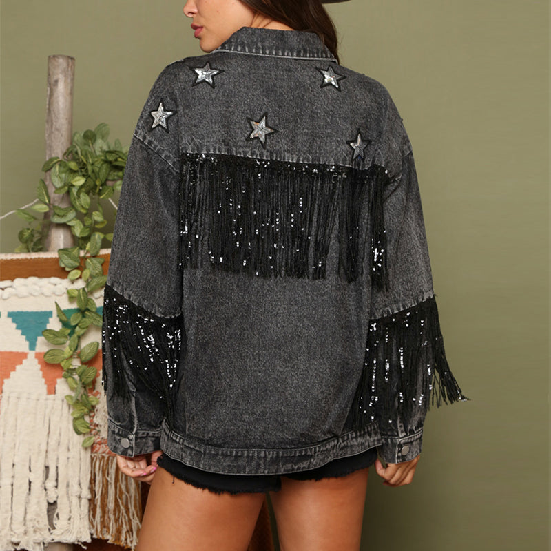 Denim Jacket Star Sequ Tassel Jacket Autumn Winter Coat Women