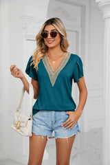 Spring Summer Golden Lace V Neck Tile Short Sleeve Solid Color T Shirt Top