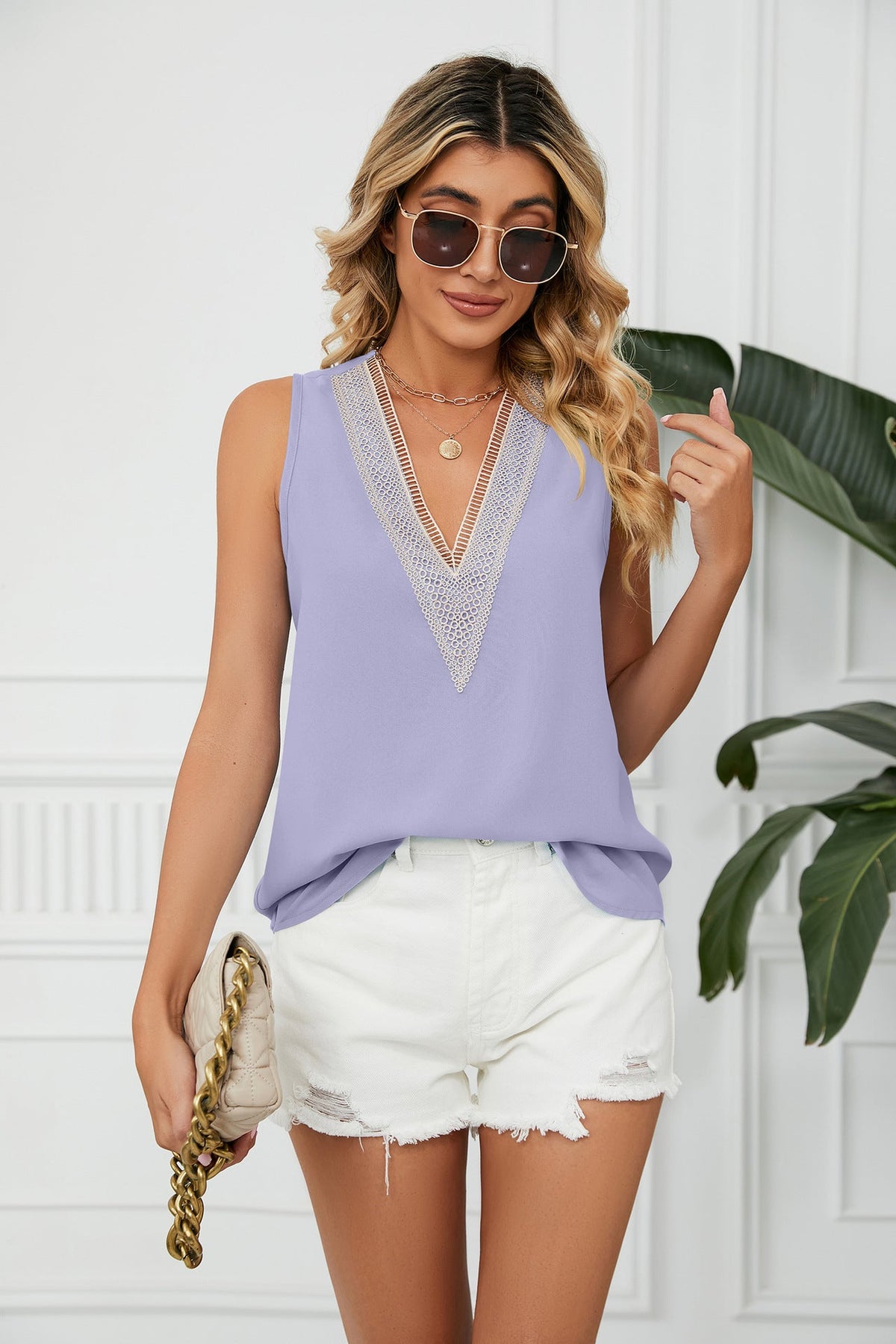 Summer Solid Color Chiffon Shirt Loose V Neck Pullover Sleeveless Top Vest