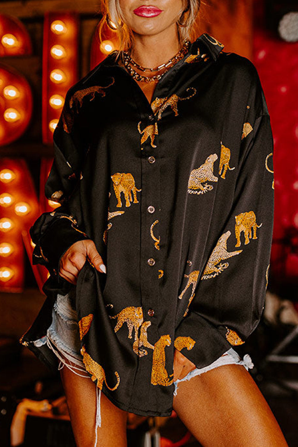 Autumn Solid Color Satin Long Sleeve Cardigan – Women’s Thin Personalized Animal Print Shirt