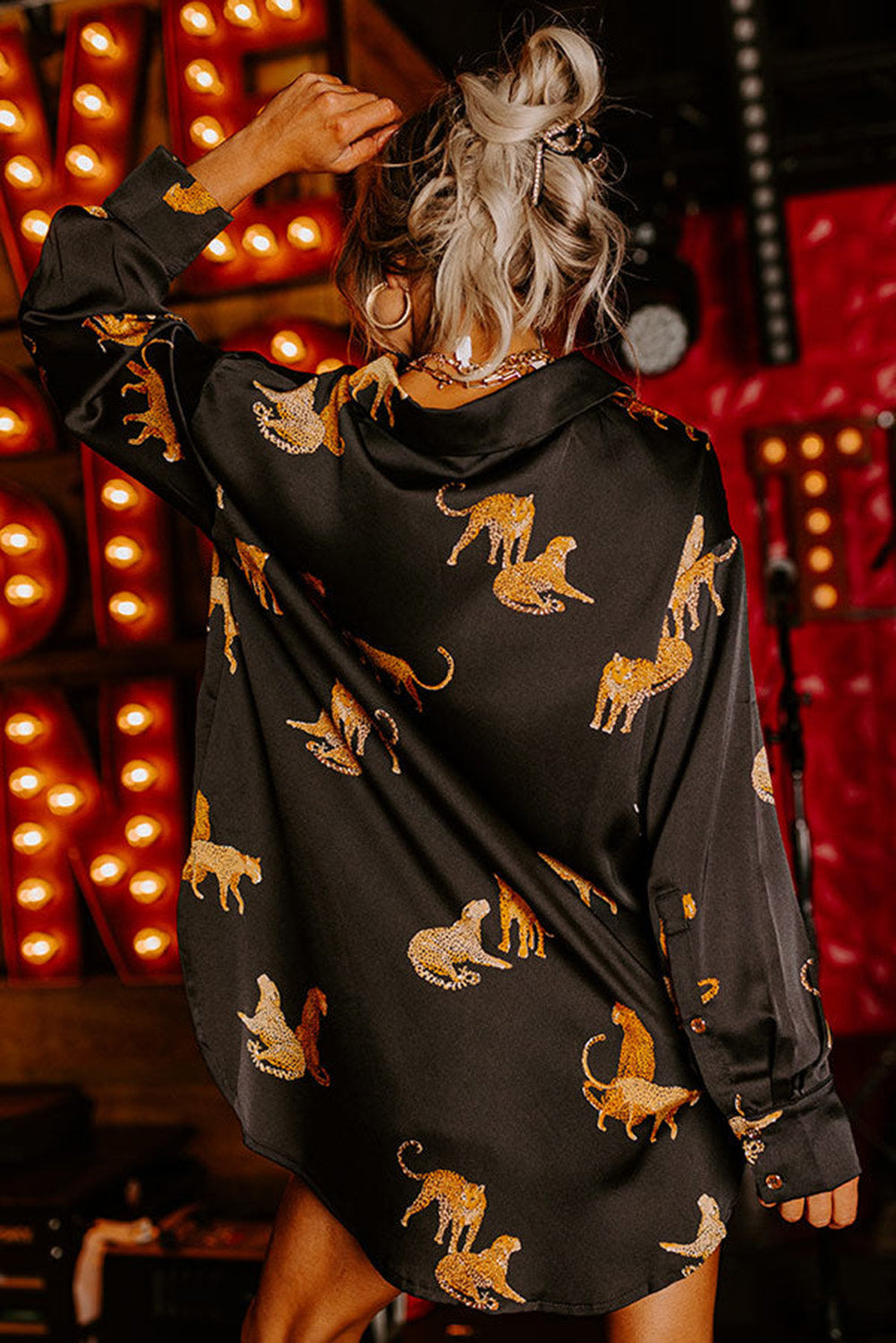 Autumn Solid Color Satin Long Sleeve Cardigan – Women’s Thin Personalized Animal Print Shirt