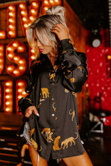 Autumn Solid Color Satin Long Sleeve Cardigan – Women’s Thin Personalized Animal Print Shirt