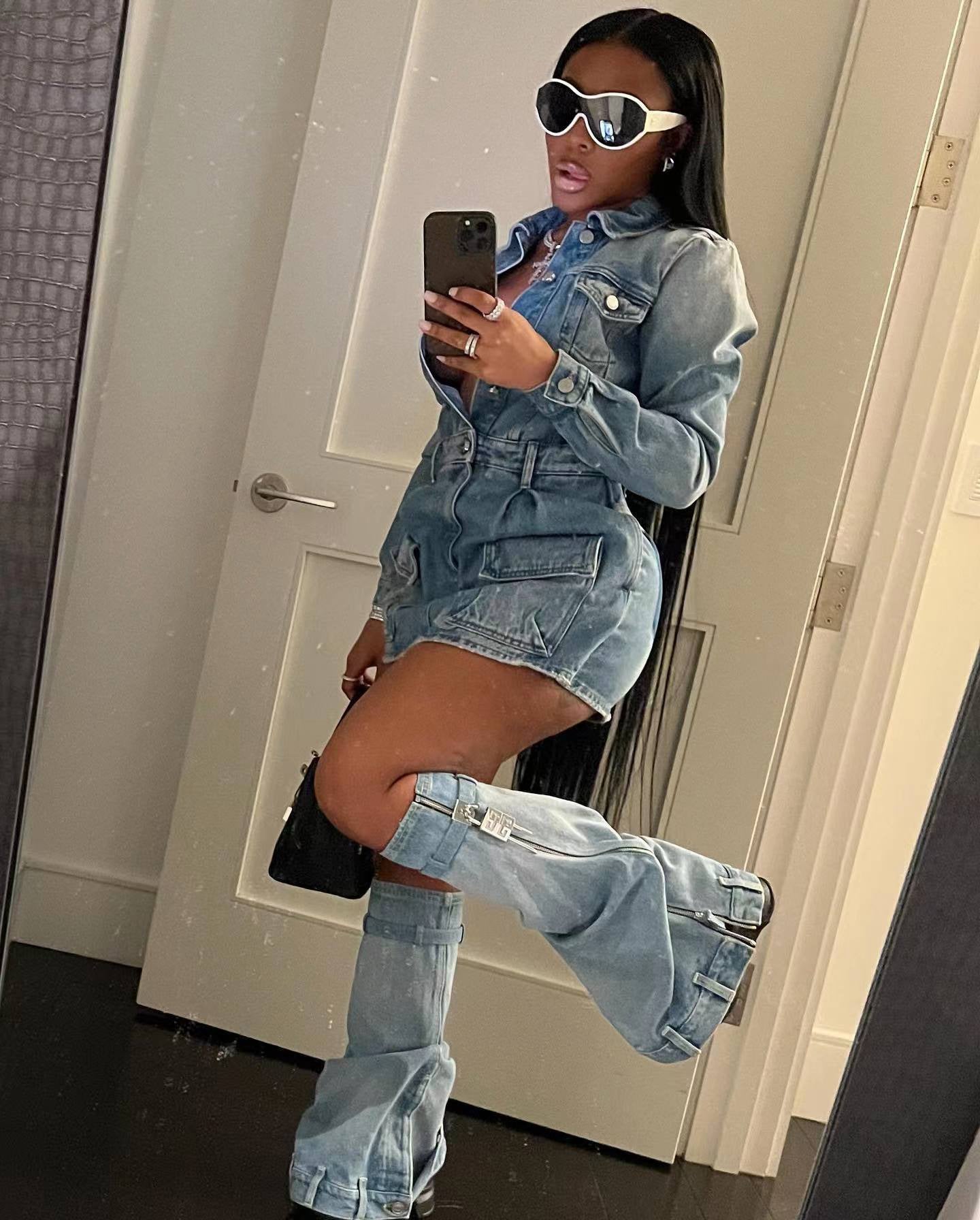 Women Sexy Multi Pocket Washed Denim Dress Three Piece Set with Trousers