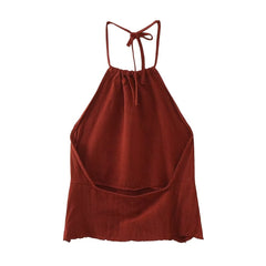 Autumn Backless Halter Top Linen Frayed Mid Waist Skirt