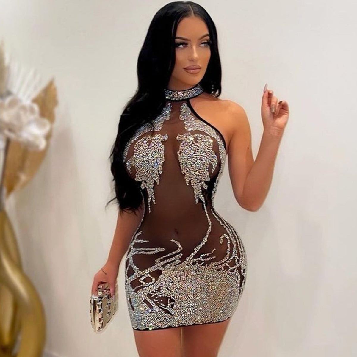 Summer Women’s Sexy Tight Mesh Drilling See Through Nightclub Dress