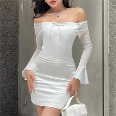 Sexy Mesh Stitching Bow Decorative One Word White Sheath Women Clothing Early Autumn