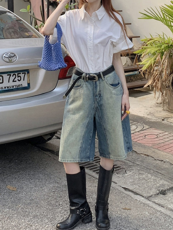 High Waisted Loose Gradient Split-Joint Denim Shorts Half Pants Shorts