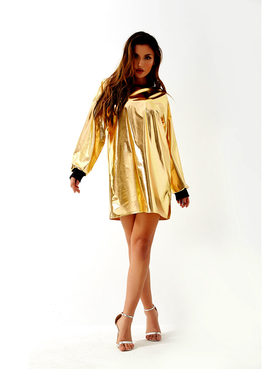 Metallic Coated Fabric Women Sexy Long Sleeve Dress – Laser Color Matching Runway Clothing