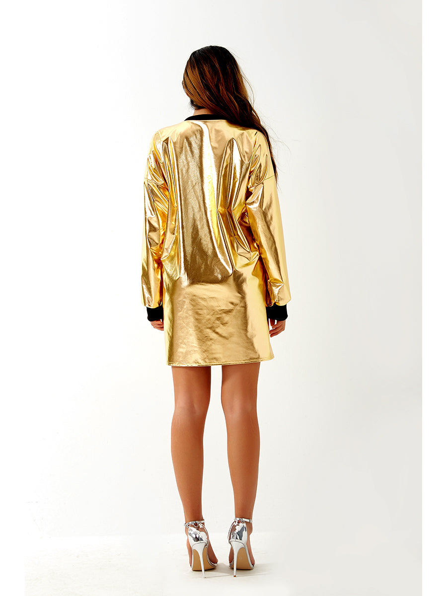 Metallic Coated Fabric Women Sexy Long Sleeve Dress – Laser Color Matching Runway Clothing