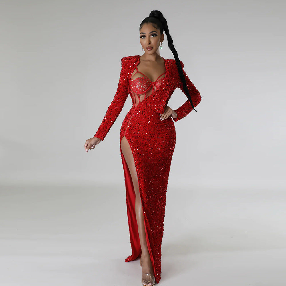 Women’s Solid Color Sequin Maxi Dress with Sexy Slit and Jumpsuit Set