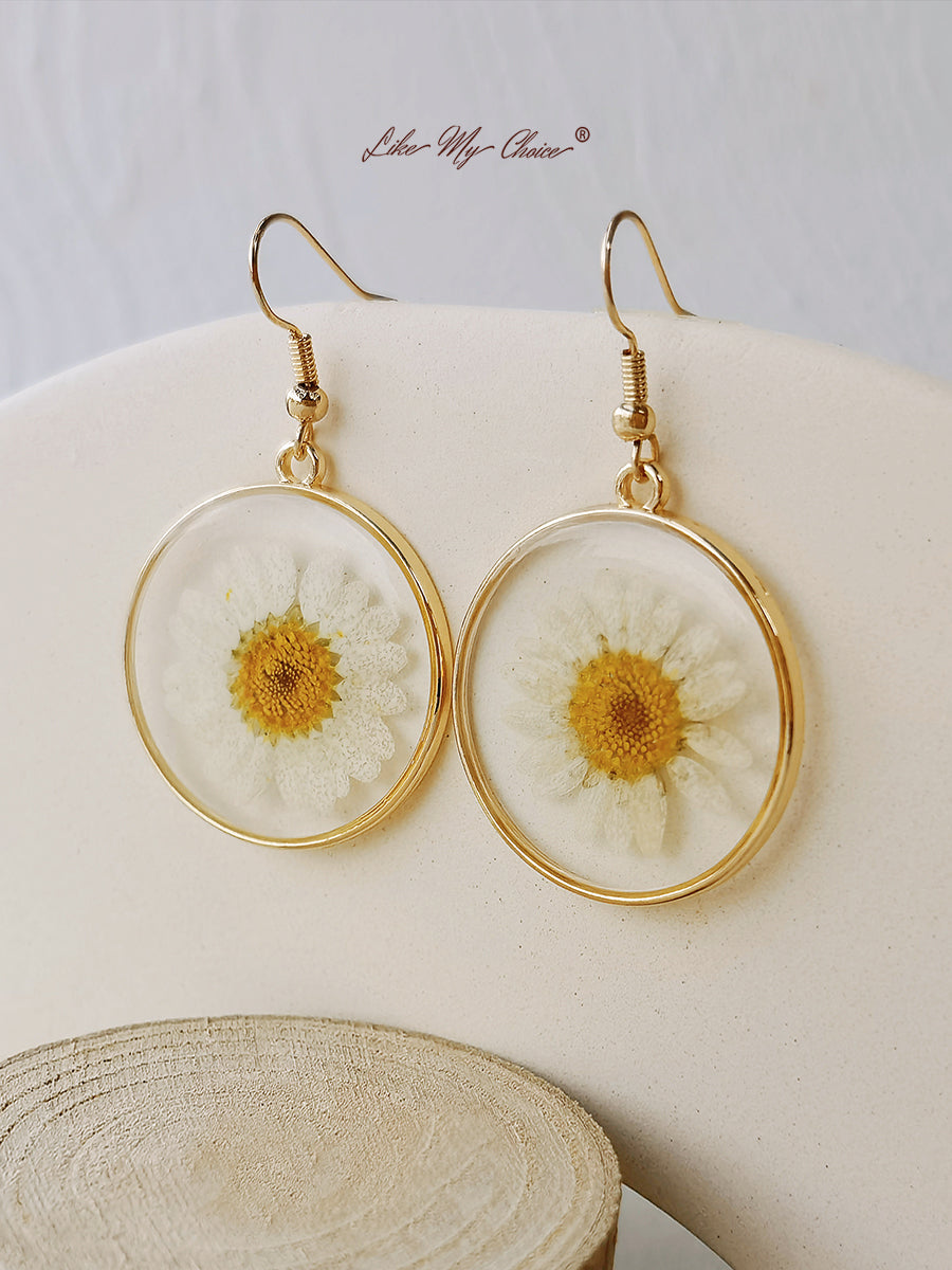 Pressed Flower Earrings - White Daisies