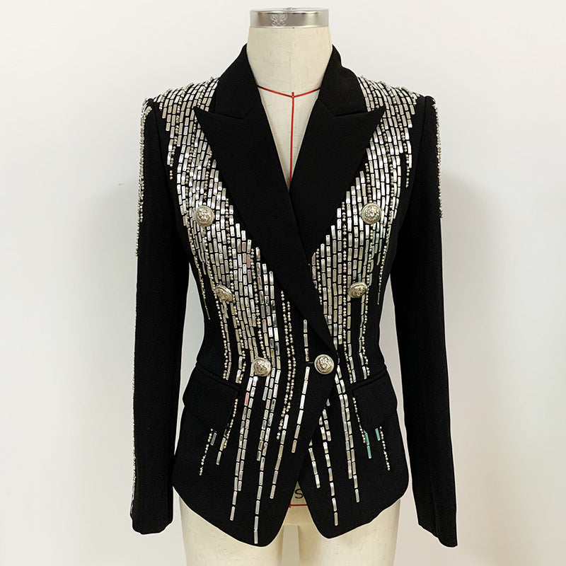 Autumn Winter Women Jacket Jacket Double Breasted Metal Sheet Heavy Industry Beads Slim Fit