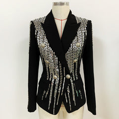 Autumn Winter Women Jacket Jacket Double Breasted Metal Sheet Heavy Industry Beads Slim Fit