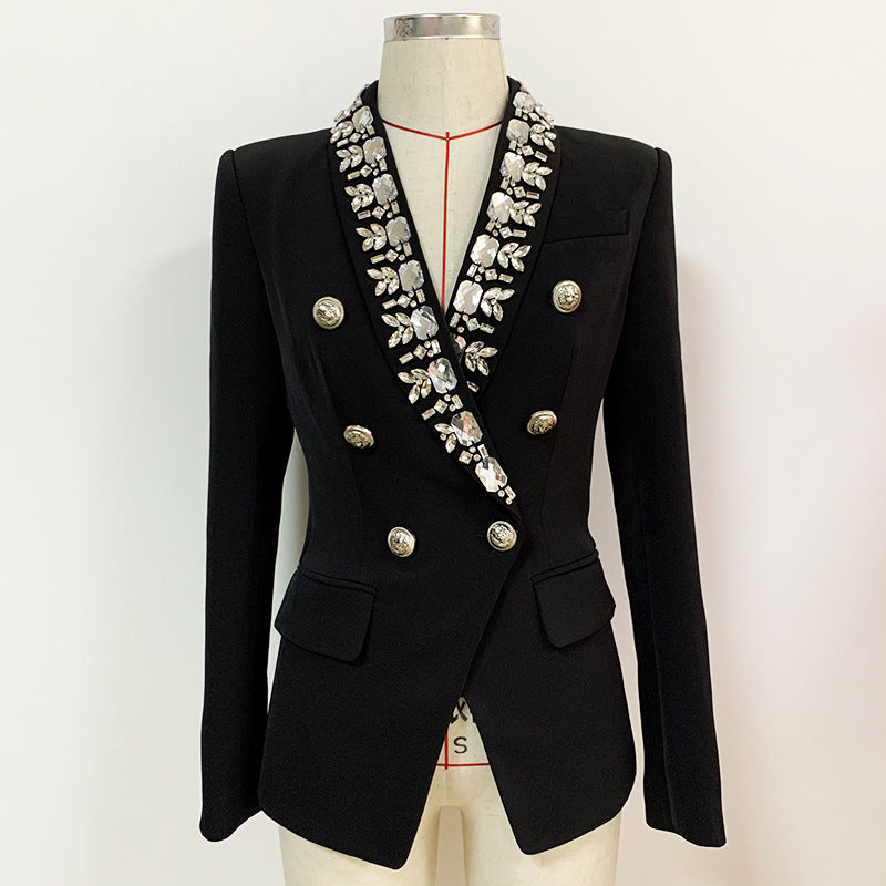 Star Women Coat Personality Lion Buckle Double Breasted Heavy Industry Beads Green Fruit Collar Blazers